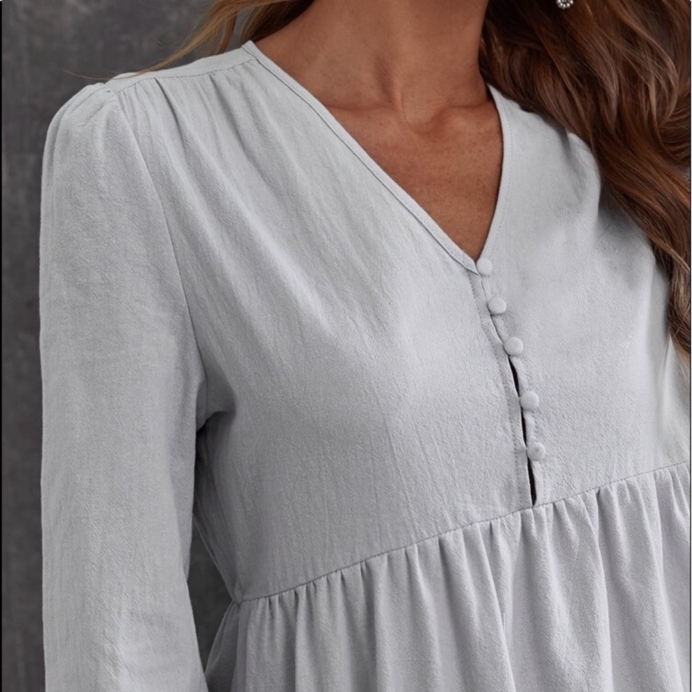 #55  Maxi Long Sleeve Grey Button V Bohemian Linen Feel Gray Prairie Dress - Picture 5 of 10